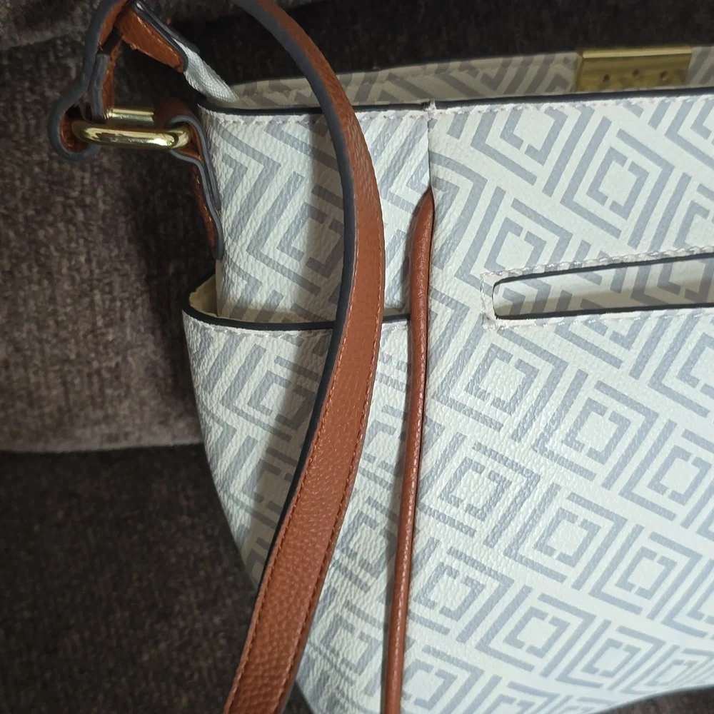Light Gray Patterned Tote with Brown Trim - Unknown Brand